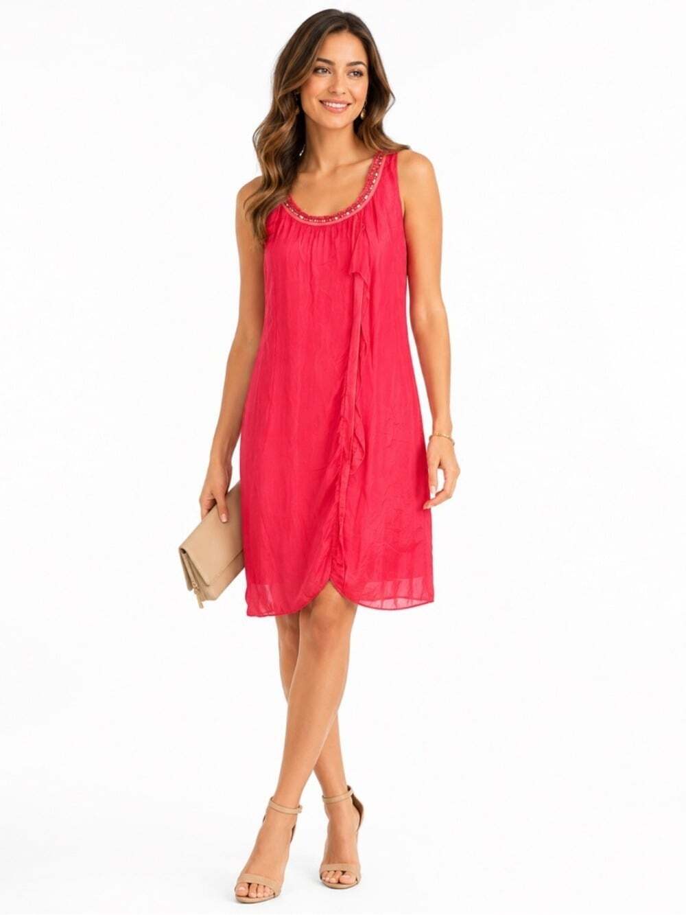 Angela Mara Pink Silk Dress Small Sleeveless Sequin Party Statement Vibrant Fit